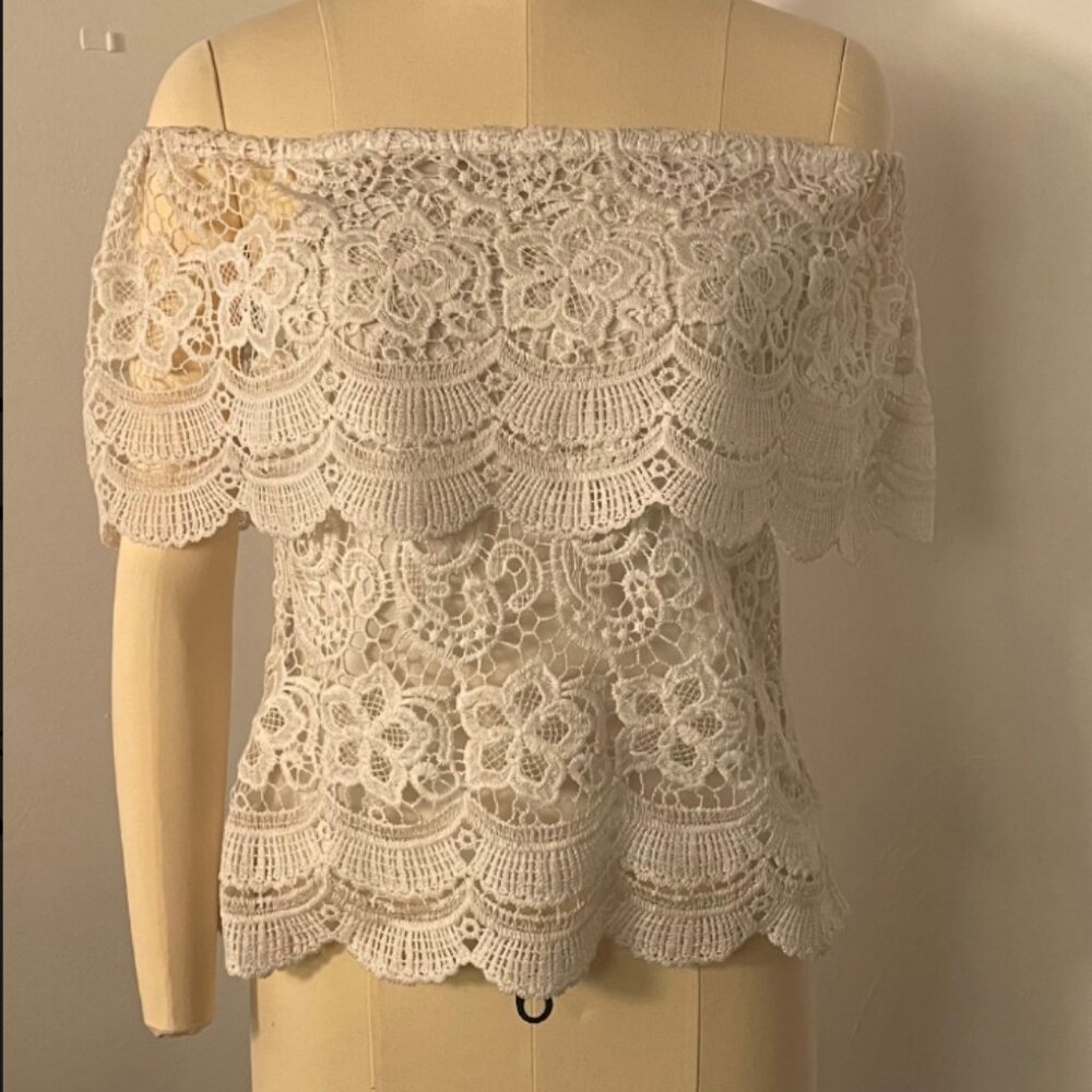 White Lace Off-Shoulder Top - Floral Crochet, Scalloped Hem, Boho Style